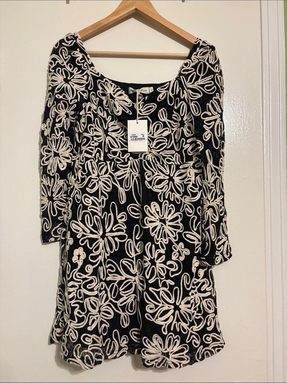 NWT Black Dress with Cream Floral Embroidery